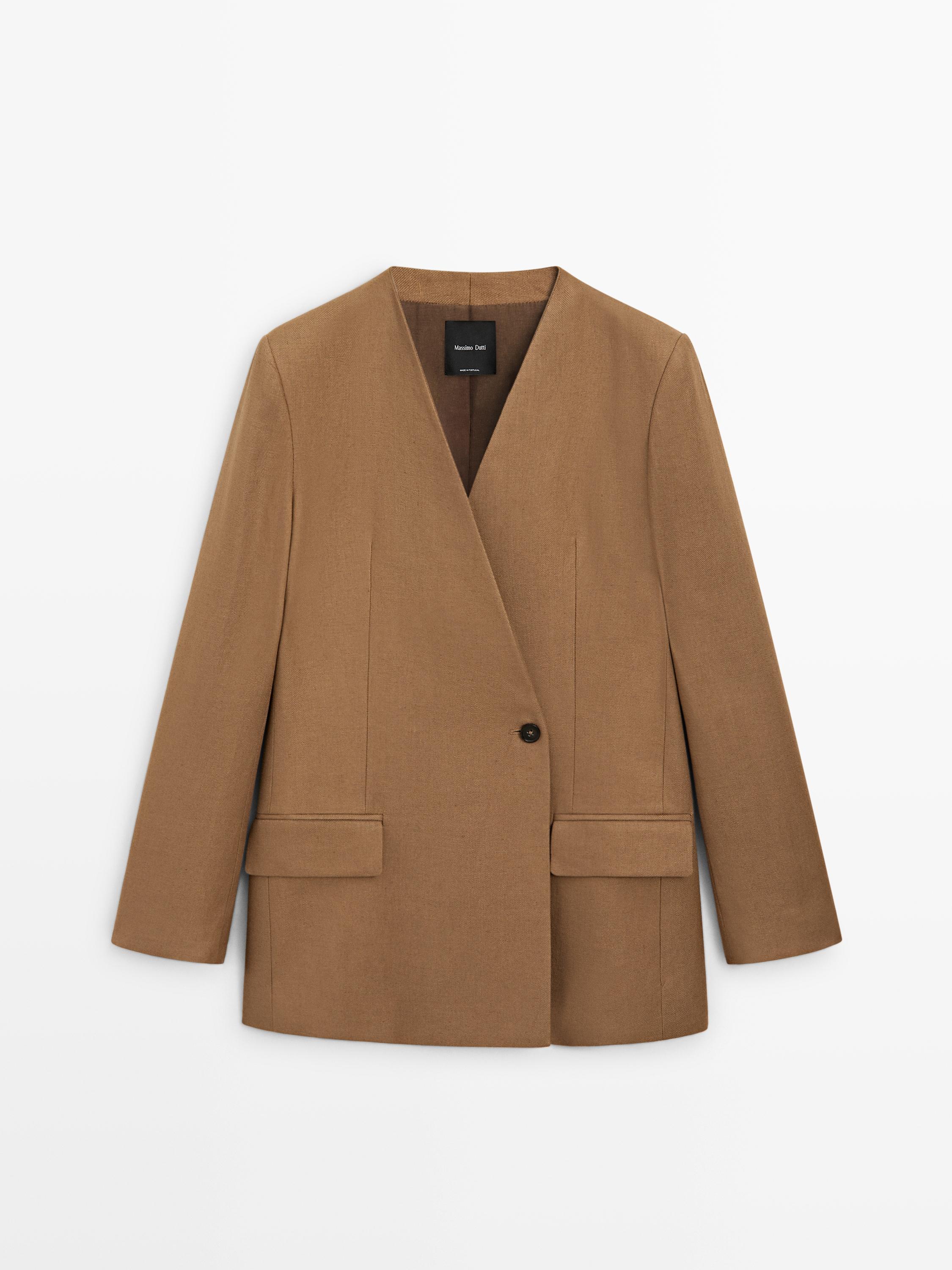 100% linen lapelless double-breasted blazer